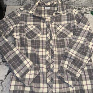 Columbia Women’s Large Flannel Shirt Gray Purple Ivory Excellent